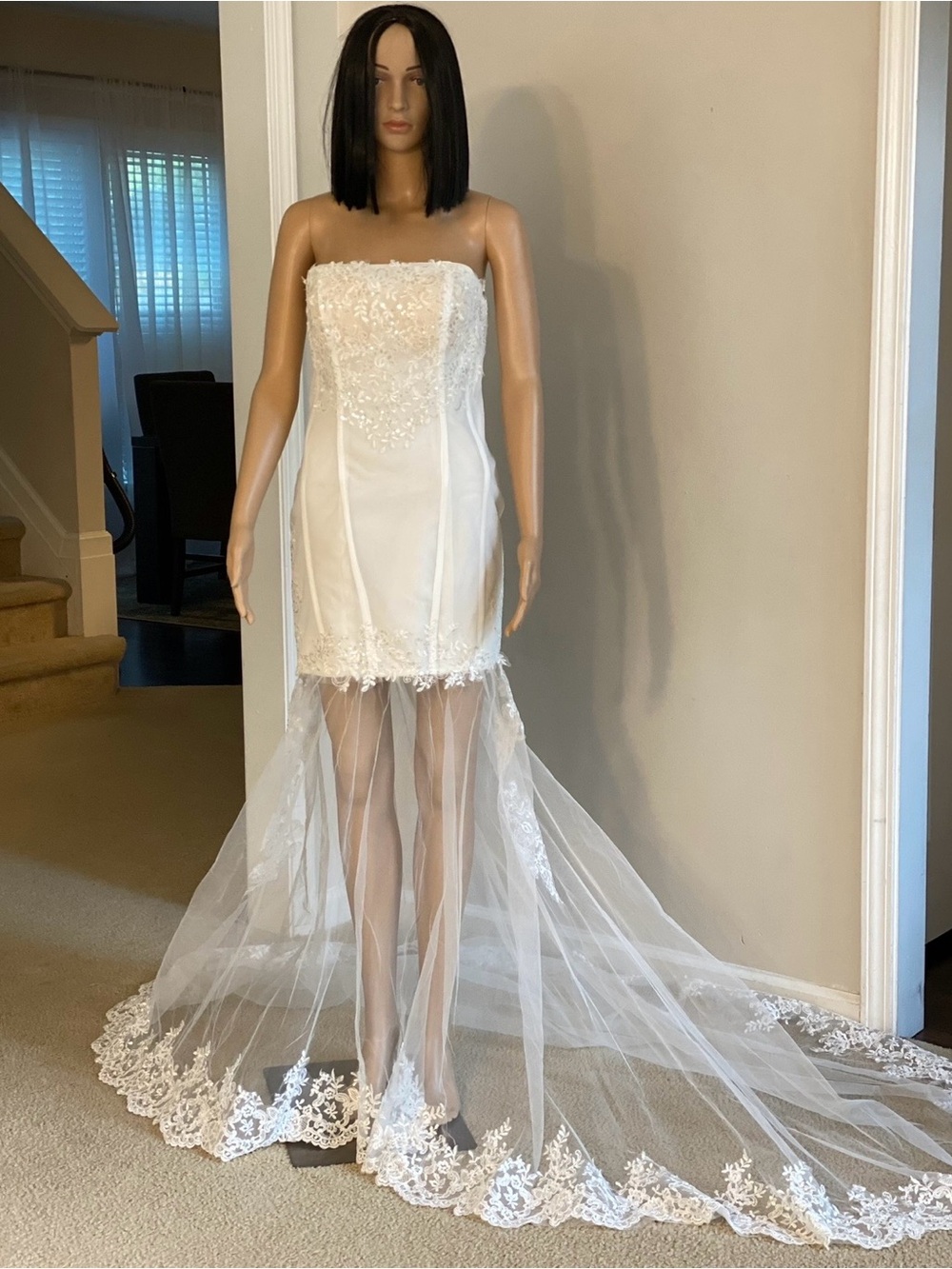 Strapless White Bridal Cocktail Dress with Lace Train